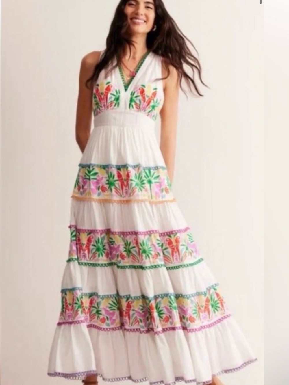 Boden Serena Cotton Tiered Maxi Resortwear Dress Embroidered Parrot Palm 4P